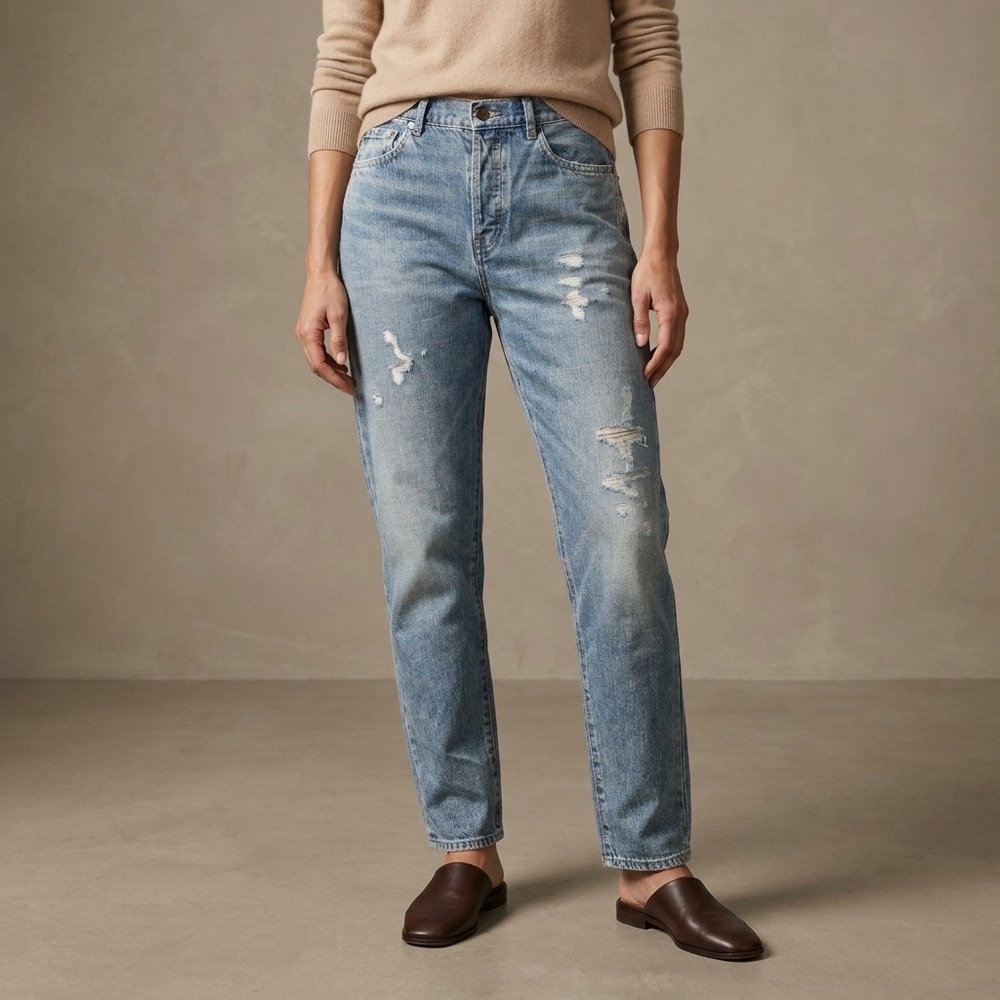 SAINT LAURENT Womens Baggy Repaired Jeans 30 Blue Cotton Luxury Streetwear $890